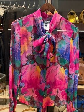 D&G Fuchsia Floral Silk Bow-Tie Blouse